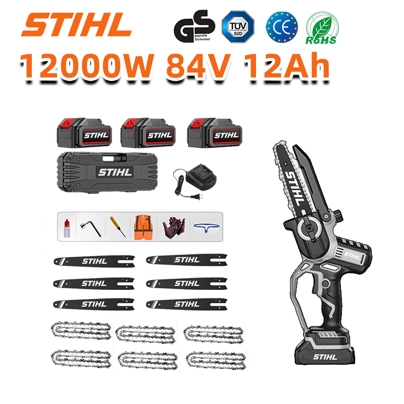 Wyświetlacz LED (czas pracy baterii: 36 godzin). 8-calowa piła elektryczna litowo-jonowa o mocy 12 000 W + 3 akumulatory 84 V 12,0 Ah + ładowarka (1) + łańcuchy (6) + szyny prowadzące (6)