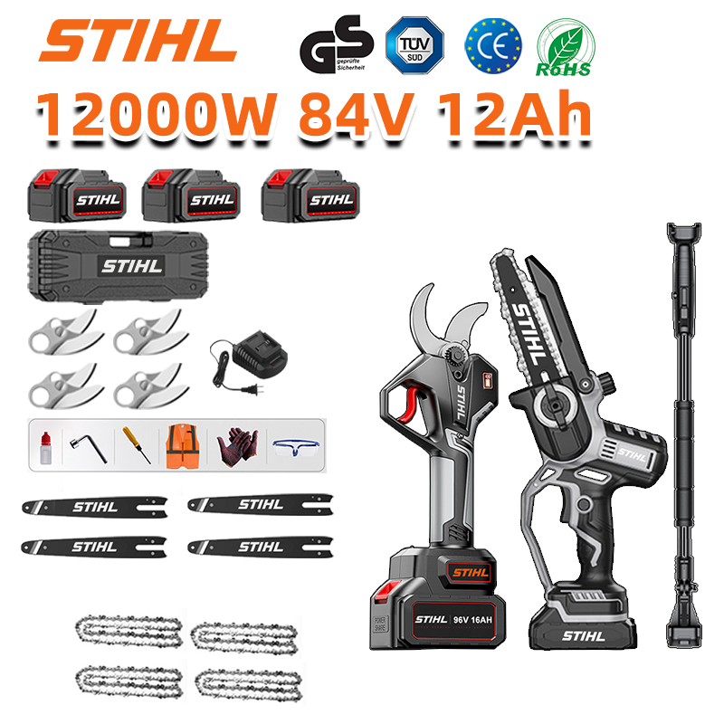 Wyświetlacz LED (czas pracy baterii: 36 godzin). 10-calowa piła litowo-jonowa o mocy 12 000 W + sekator + 3 akumulatory 84 V 12,0 Ah + 1 ładowarka + 4 drążki prowadzące + 4 łańcuchy + 4 ostrza ze stopu SK9 + 1 teleskopowy drążek (rozkładany z 150 cm do 410 cm)